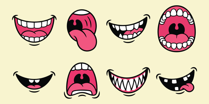 Set of cartoon mouths with different expressions, funny comic style lips and teeth, vector illustration of various mouth shapes with tongue and smile for character design