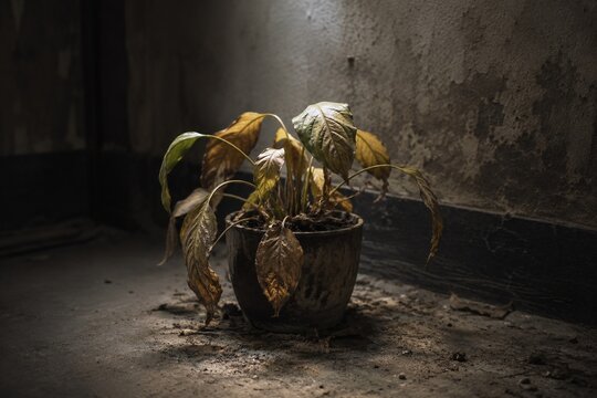 A single neglected plant with yellowing leaves in a dim corner.