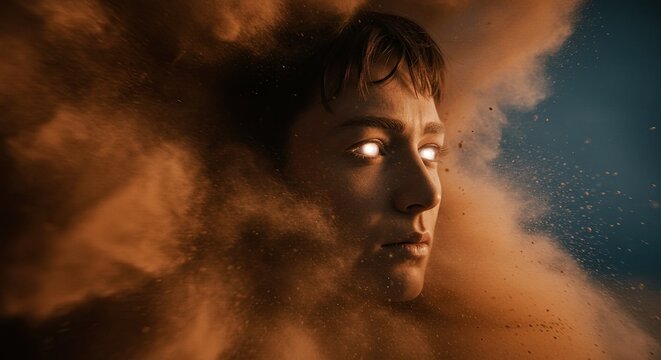 Man surrounded by smoke and darkness.