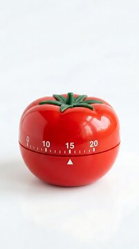 Red tomato shaped kitchen timer with green stem on white background