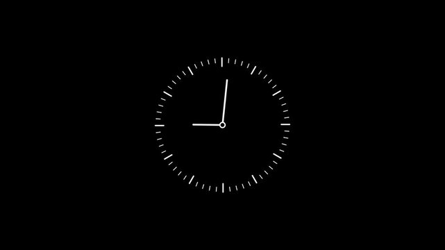 A minimalist white analog clock face with thin white tick marks for hours and minutes and two white hands indicating the time as approximately ten minutes past five against a completely black