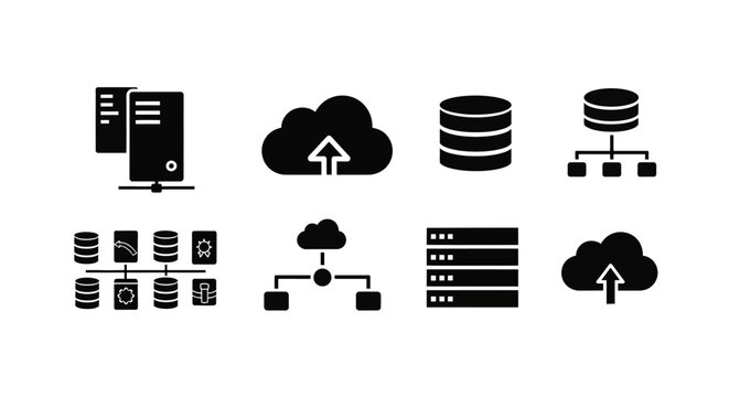 Collection of technology icons representing servers and cloud computing.