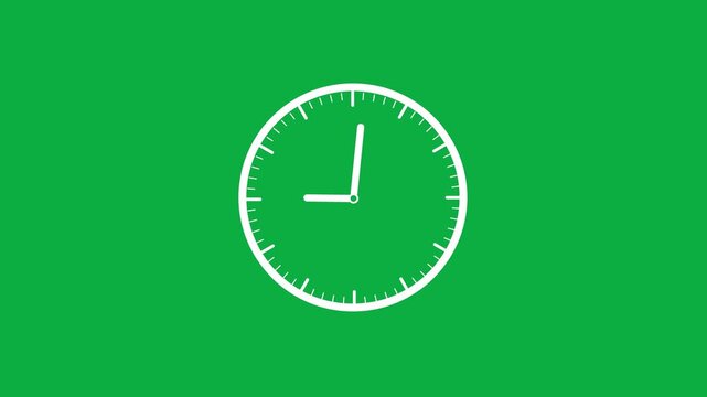 A bright green background serves as the backdrop for a minimalist white analog clock face with clear white tick marks for hours and minutes and two white hands indicating the time of approximately