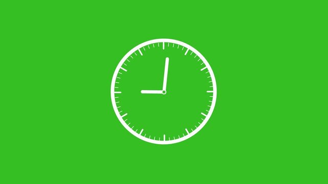 A simple white analog clock face with minimalist hour and minute hands pointing to approximately 4:50 against a vibrant, solid green background with no other elements visible in the composition
