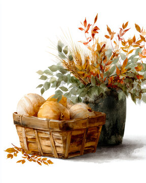 Autumn Harvest Basket Watercolor &ndash; AI Generative
