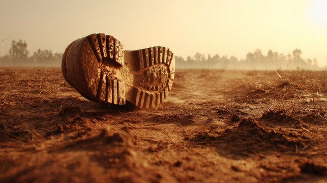 Close-Up of a Single Boot Print on Dry Earth at Sunset