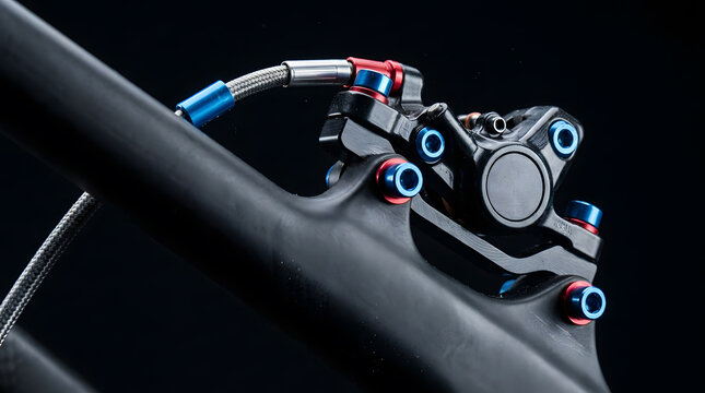 Extreme macro close up of bicycle hydraulic disc brake caliper with colorful anodized titanium bolts on a black background