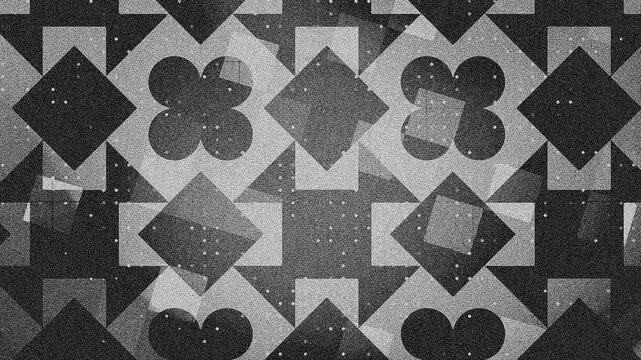 Monochrome geometric patterned wallpaper design featuring repeated square diamond clover symbol shape arrangements, textured background 4k.