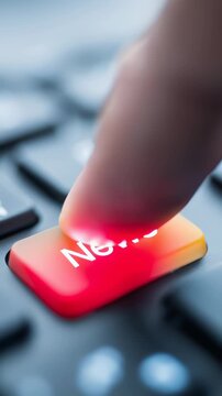 Extreme close up of a finger pressing a bright red news key on a computer keyboard. Conceptual video for online media and communication