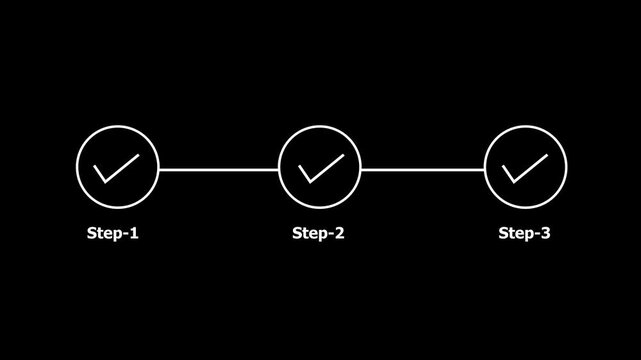 A minimalist graphic on a black background shows two white circles connected by a line, each containing a white checkmark, labeled Step-1 and Step-2, indicating completion of sequential tasks or