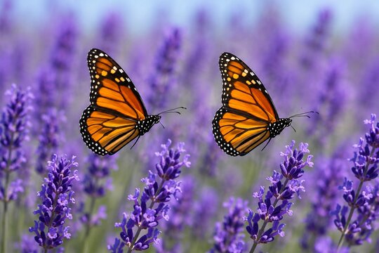 Two monarch butterflies flying in unison among purple lavender flowers, synchronized wings.
