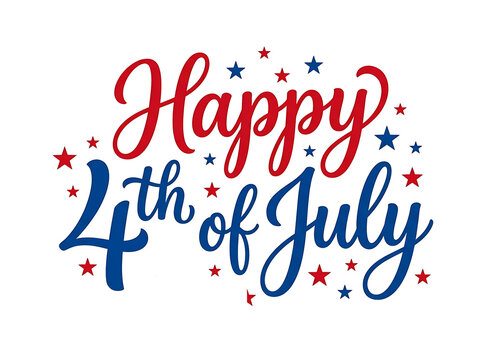 A festive Happy 4th of July text with red, white, and blue stars on a transparent background
