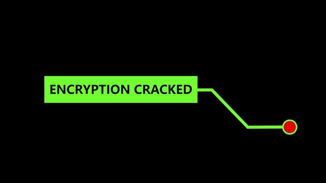 A bright green rectangular callout box with the words ENCRYPTIONCRACKED in bold white sans-serif font against a solid black background with a thin green line extending from the box