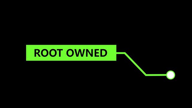 A bright neon green rectangular callout box with the text ROTOWNED in bold black sans-serif font, connected by a thin green line with a white circle at its end, set against a stark black
