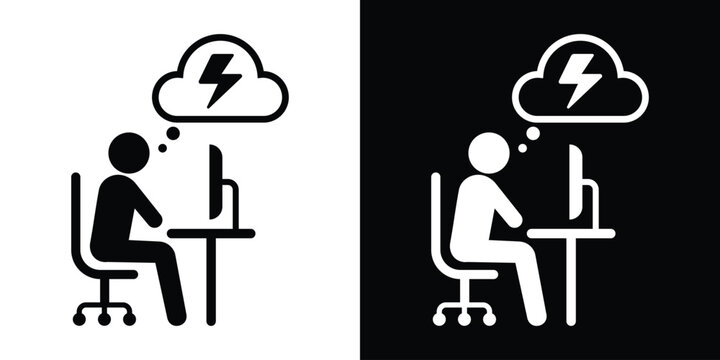 Businessman working on a desktop computer under a storm cloud, symbolizing high work pressure or a breakthrough idea.