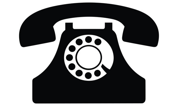 Minimalist black and white vector illustration of a retro rotary telephone featuring a classic handset and circular dial pad design