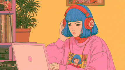 Fototapeta premium Young Woman Producing Music in a Home Studio Female Music Producer Working on Digital Audio Production