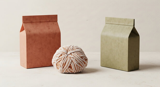 Two paper bags in terracotta and sage green with a ball of yarn