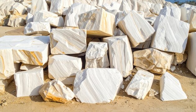 Irregular pieces of white calcium carbonate limestone rock with geological striations piled outdoors