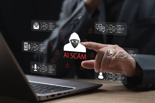 Businessman evaluating AI fraud risks, Ethical concerns, Recognizing phishing emails identity theft fake invoices, Voice impersonation scams, promoting responsible AI, Cybersecurity awareness