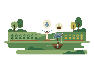 Fototapeta premium Smart Irrigation System With Automated Sprinkler And Crop Monitoring Icons In Rural Farm Field
