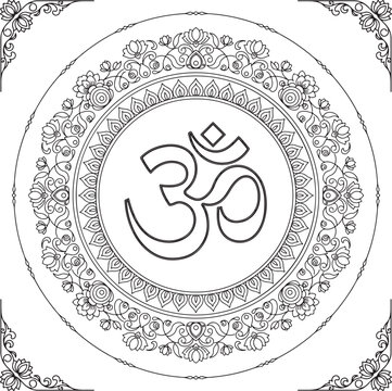 Spiritual Om Symbol in Beautiful Floral Mandala Frame Vector Illustration