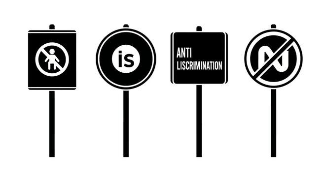 Four protest signs with anti discrimination messages and symbols.