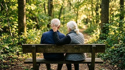 Fototapeta premium Couple sitting on park bench embracing in serene woodland setting