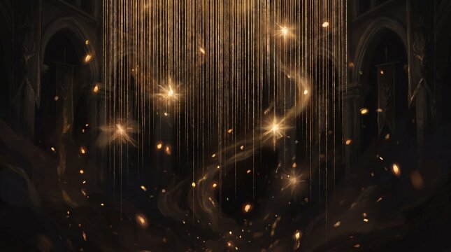 A magical vertical gold thread curtain hanging in a gothic castle hall filled with glowing mystical sparks