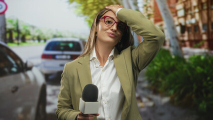 Fototapeta premium Woman reporter holding microphone, hand on forehead on street with parked cars and sidewalk, wearing red glasses and olive blazer; frustration.