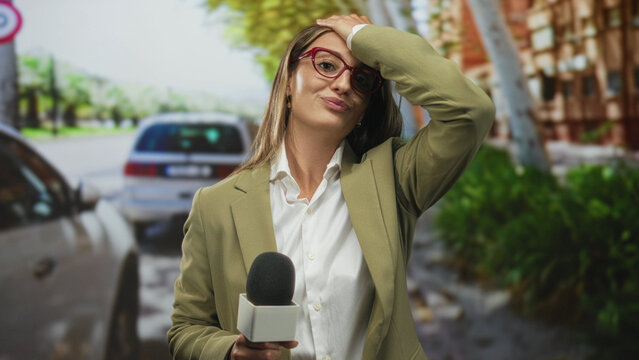 Woman reporter holding microphone, hand on forehead on street with parked cars and sidewalk, wearing red glasses and olive blazer; frustration.
