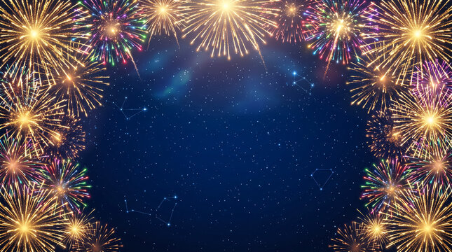 Fireworks exploding in night sky border frame