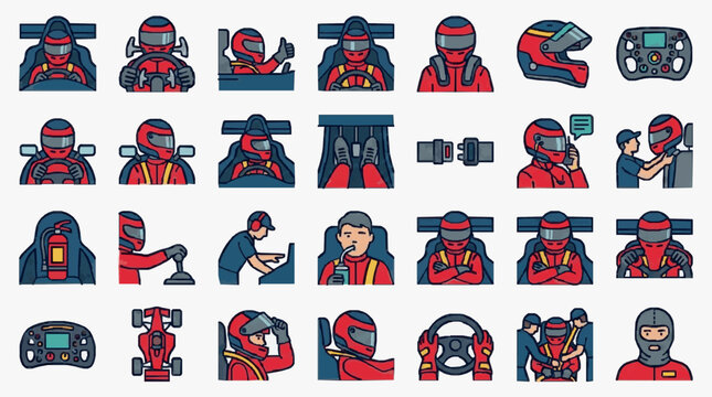 Creative Flat Set of Racing Driver Scenarios with Red Black and Gray Helmets Vehicles and Accessories