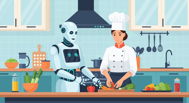 Vector illustration of a white humanoid robot helping a female chef in a chef hat and uniform prepare vegetables in a modern kitchen with blue cabinets and tile backsplash.