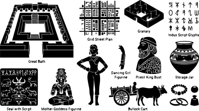 Grid Street Plan and Dancing Girl Silhouette Set &ndash; Urban Layout, Granary, Bullock Cart Icons
