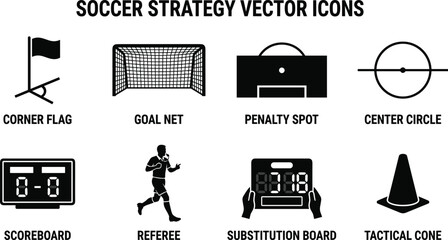 Soccer Strategy Vector Icons Set Featuring Goal Net Scoreboard Referee and Tactical Training Elements © Abdul