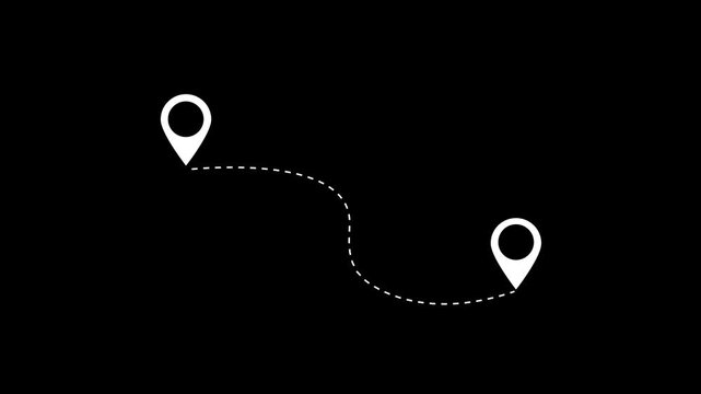 A minimalist white dashed line connecting two location pin icons on a solid black background, representing a route, journey, or travel path between two points