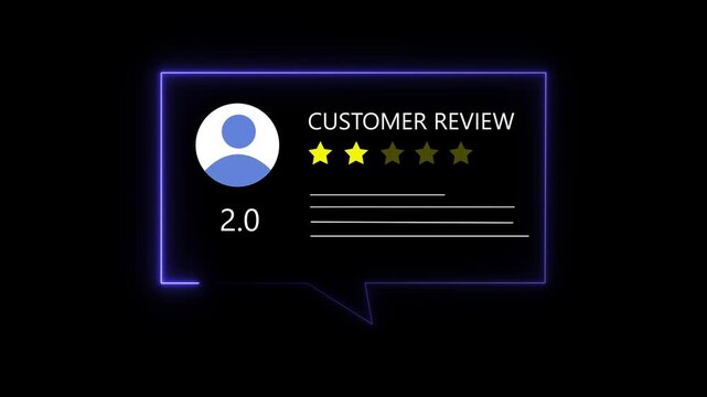 A neon blue speech bubble on a black background featuring a customer review with a profile icon, the score 2.0, two full yellow stars, and three empty stars, signifying a below-average rating and