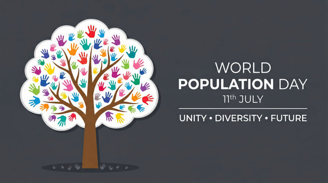 World Population Day banner for 11th July, conceptual tree with colorful handprints, unity and diversity poster on dark background