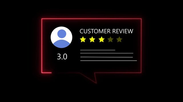 A Vivid Neon Red Speech Bubble Outline Frames a Digital Customer Review Displaying a User Icon Three Yellow Stars and the Numerical Score 3.0 Against a Dark Black Backdrop