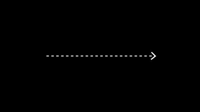 A deep black background is punctuated by a slender white dashed line that extends horizontally across the frame, culminating in a white arrow pointing to the right, symbolizing direction or forward