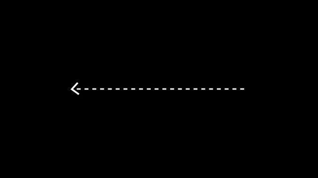 A stark black background is illuminated by a thin white dashed line extending horizontally across the frame with a white arrow pointing to the left at its terminus, indicating direction or movement