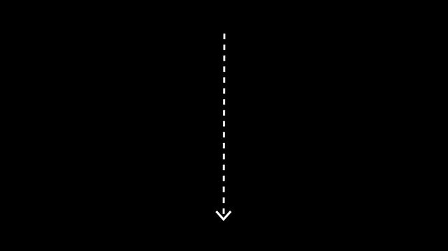 A dark black background is intersected by a vertical white dashed line with a white arrow at its lower end pointing downwards, representing a downward direction or descent
