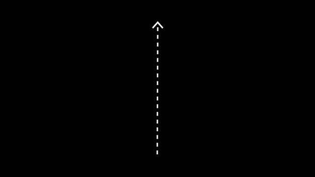 A pure black background is adorned with a vertical white dashed line, and at its upper extremity, a white arrow points upwards, signifying an upward direction or ascent