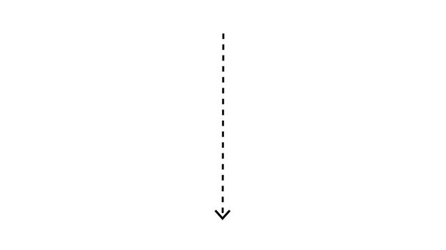 A stark white background displays a vertical dashed black arrow pointing downwards with a clear arrowhead at its base