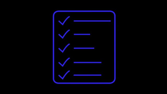 A vertical list icon with five completed tasks represented by blue checkmarks and horizontal lines on a black background, symbolizing a to-do list or checklist