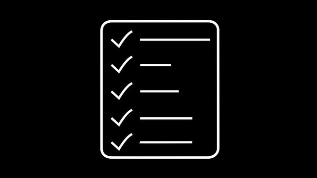 A vertical list icon with five completed tasks represented by white checkmarks and horizontal lines on a black background, symbolizing a to-do list or checklist
