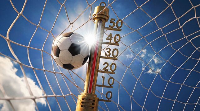 Blue sky and soccer ball in soccer net on a hot summer day with sun and a thermometer. Extremely hot weather forecast.