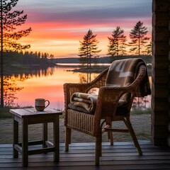 Fototapeta premium Cozy Wicker Armchair with Blanket and Coffee on Cabin Porch Overlooking Serene Lake Sunset