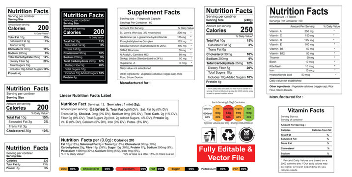 Nutrition Facts, nutrition facts label template &ndash; food information panel, supplement facts, vitamin facts, detailed nutrition facts with calories and ingredients.